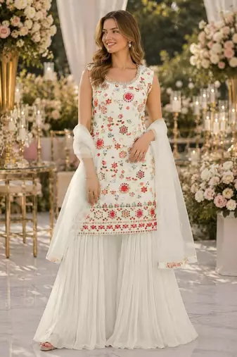 White georgette suit with embroidered multi work