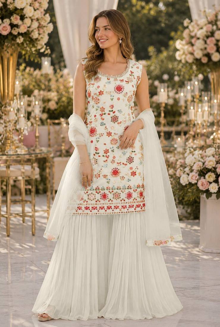 White georgette suit with embroidered multi work