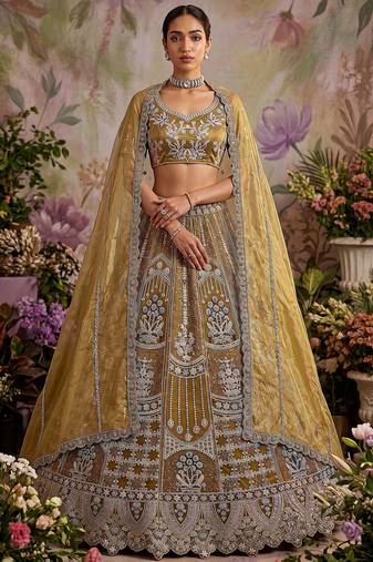 Dazzling Golden Multi Thread Work Net Reception Wear Lehenga Choli