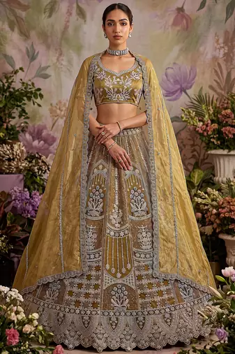 Dazzling Golden Multi Thread Work Net Reception Wear Lehenga Choli