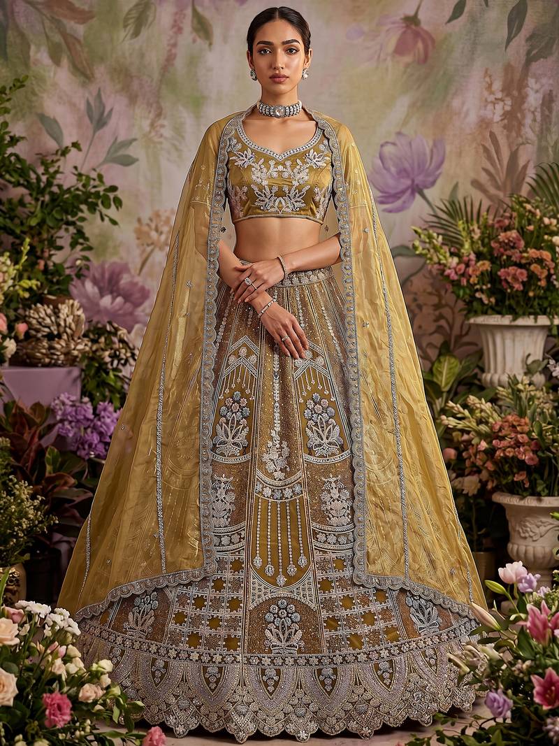 Dazzling Golden Multi Thread Work Net Reception Wear Lehenga Choli