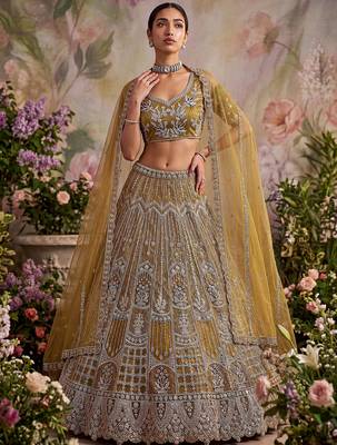 Dazzling Golden Multi Thread Work Net Reception Wear Lehenga Choli 2