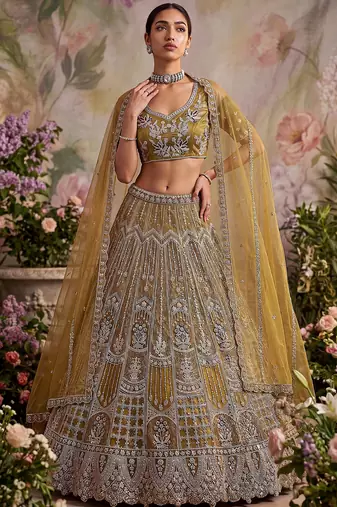 Dazzling Golden Multi Thread Work Net Reception Wear Lehenga Choli