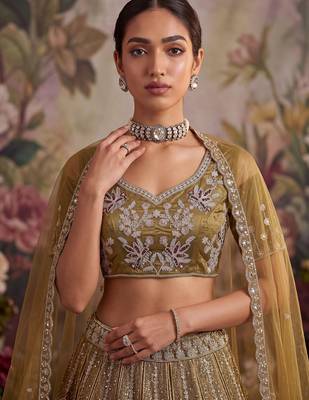 Dazzling Golden Multi Thread Work Net Reception Wear Lehenga Choli 4