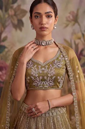 Dazzling Golden Multi Thread Work Net Reception Wear Lehenga Choli