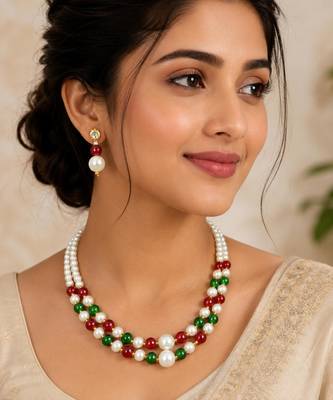 Maroon & green color necklace set with earrings, moti & agate stone, gold plated 4