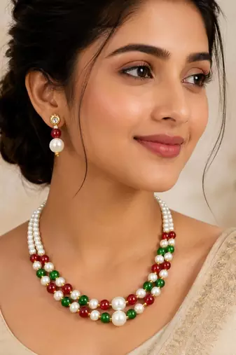 Maroon & green color necklace set with earrings, moti & agate stone, gold plated
