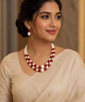 Maroon color necklace set with earrings, moti & agate stone, gold plated 4