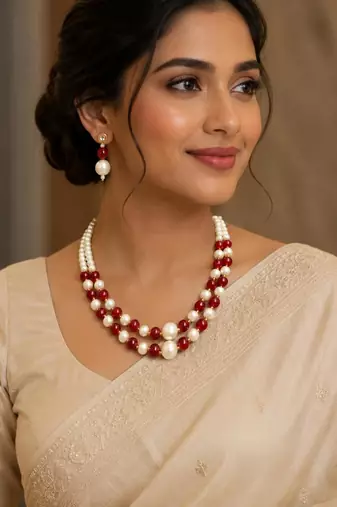 Maroon color necklace set with earrings, moti & agate stone, gold plated