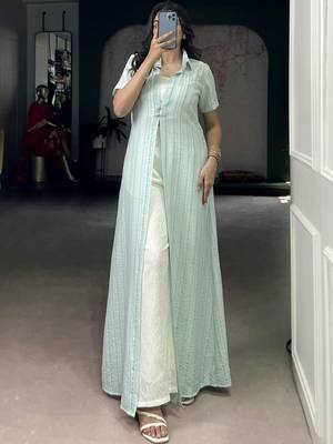Stylish Sky Blue Printed Cotton Casual Wear Co-ord Set With Shrug 1