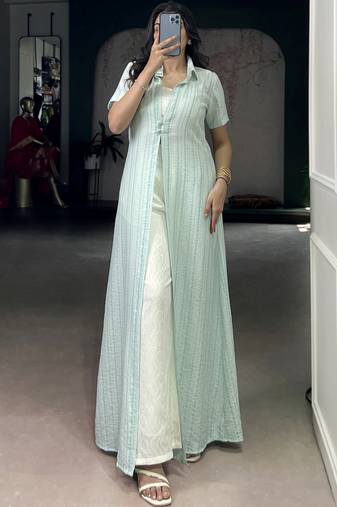 Stylish Sky Blue Printed Cotton Casual Wear Co-ord Set With Shrug