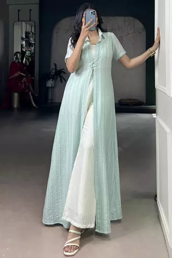 Stylish Sky Blue Printed Cotton Casual Wear Co-ord Set With Shrug