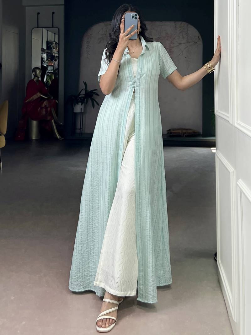 Stylish Sky Blue Printed Cotton Casual Wear Co-ord Set With Shrug