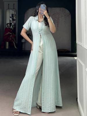Stylish Sky Blue Printed Cotton Casual Wear Co-ord Set With Shrug 3