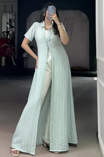 Stylish Sky Blue Printed Cotton Casual Wear Co-ord Set With Shrug