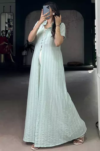 Stylish Sky Blue Printed Cotton Casual Wear Co-ord Set With Shrug
