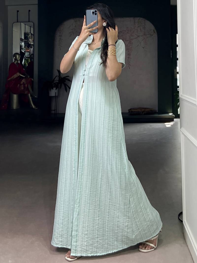 Stylish Sky Blue Printed Cotton Casual Wear Co-ord Set With Shrug