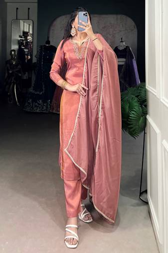 Beautiful Peach Bead Work Tissue Festival Wear Pant Suit