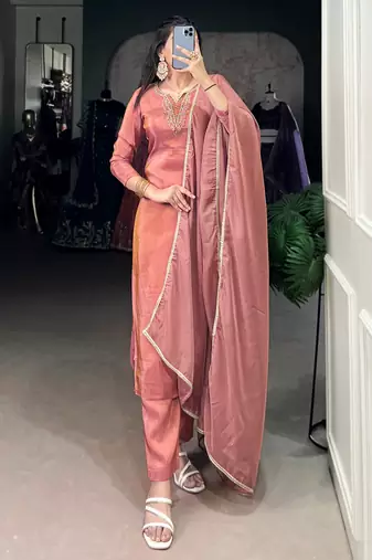 Beautiful Peach Bead Work Tissue Festival Wear Pant Suit