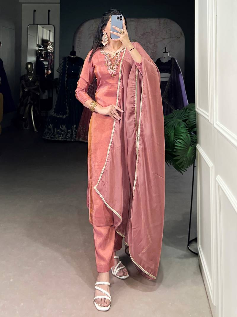 Beautiful Peach Bead Work Tissue Festival Wear Pant Suit