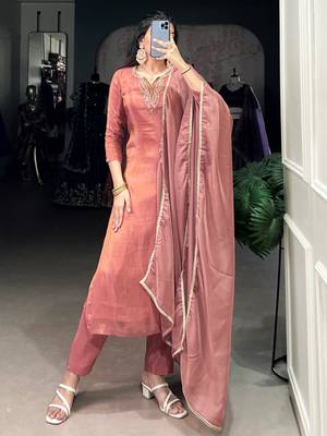 Beautiful Peach Bead Work Tissue Festival Wear Pant Suit 2