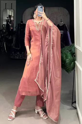 Beautiful Peach Bead Work Tissue Festival Wear Pant Suit