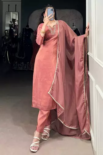 Beautiful Peach Bead Work Tissue Festival Wear Pant Suit