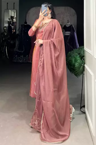 Beautiful Peach Bead Work Tissue Festival Wear Pant Suit