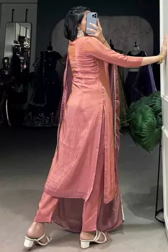 Beautiful Peach Bead Work Tissue Festival Wear Pant Suit