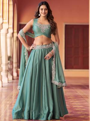 Sea Green Bead Work Silk Traditional Lehenga Choli With Dupatta 1