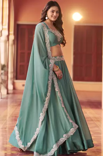 Sea Green Bead Work Silk Traditional Lehenga Choli With Dupatta