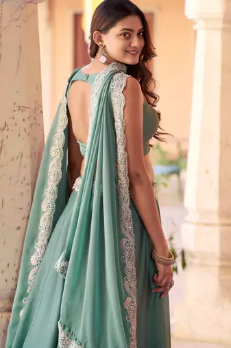 Sea Green Bead Work Silk Traditional Lehenga Choli With Dupatta
