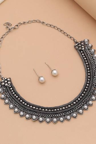 Silver color oxidised necklace set