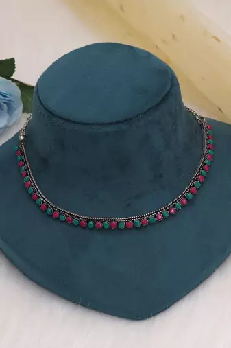 Rani & green color oxidised necklace