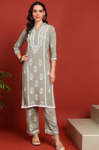 Women olive ethnic motifs chikankari embroidered regular rayon cotton liva kurta with trousers