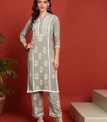 Women olive ethnic motifs chikankari embroidered regular rayon cotton liva kurta with trousers