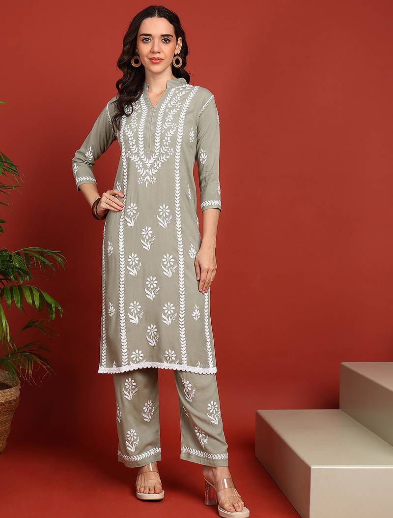 Women olive ethnic motifs chikankari embroidered regular rayon cotton liva kurta with trousers
