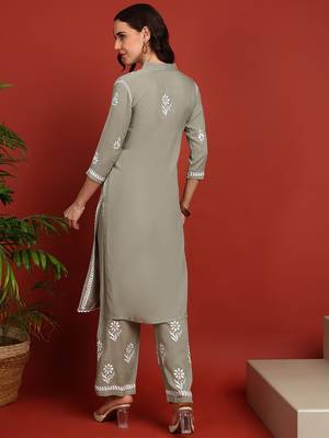 Women olive ethnic motifs chikankari embroidered regular rayon cotton liva kurta with trousers 2