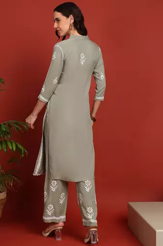 Women olive ethnic motifs chikankari embroidered regular rayon cotton liva kurta with trousers