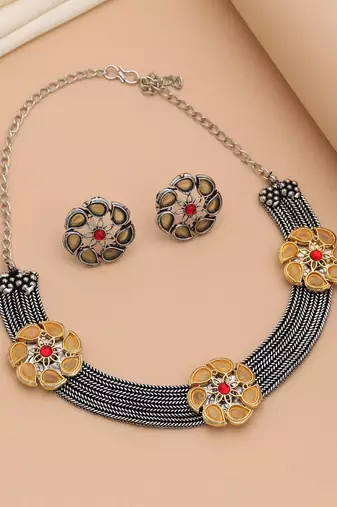 Yellow color dual tone oxidised necklace set