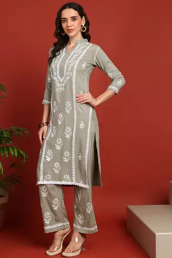 Women olive ethnic motifs chikankari embroidered regular rayon cotton liva kurta with trousers