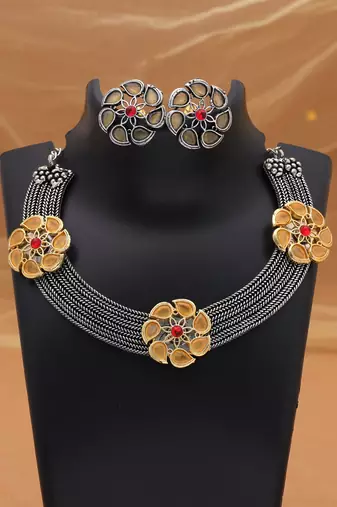 Yellow color dual tone oxidised necklace set