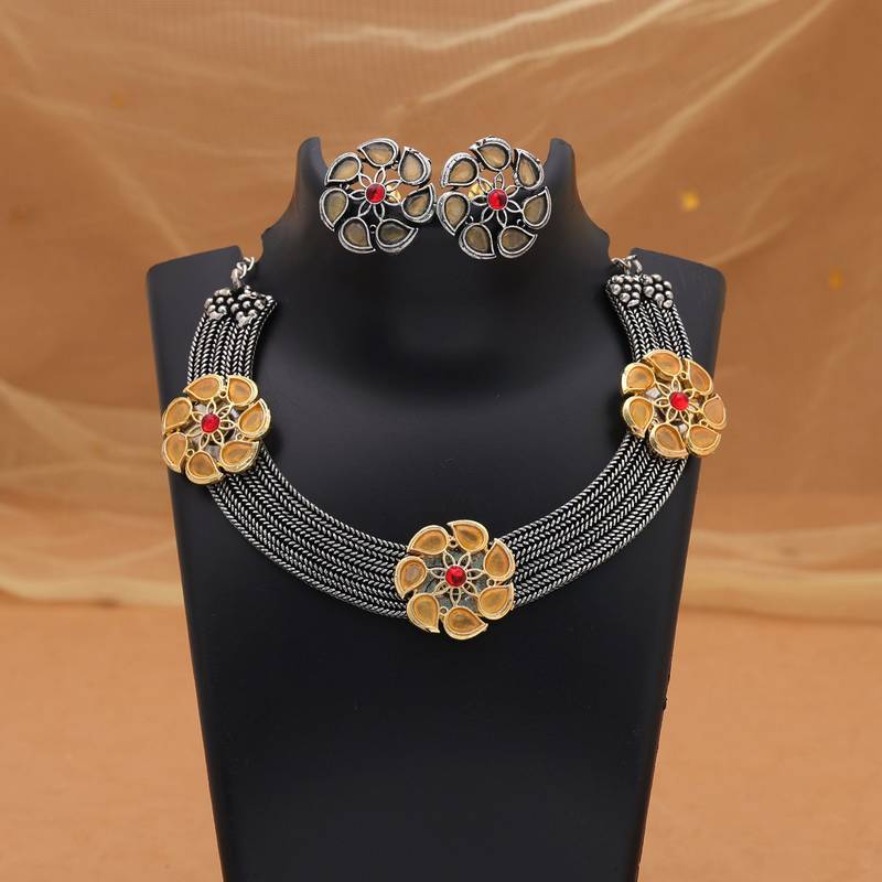Yellow color dual tone oxidised necklace set