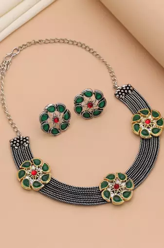 Green color dual tone oxidised necklace set