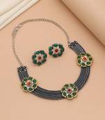 Green color dual tone oxidised necklace set