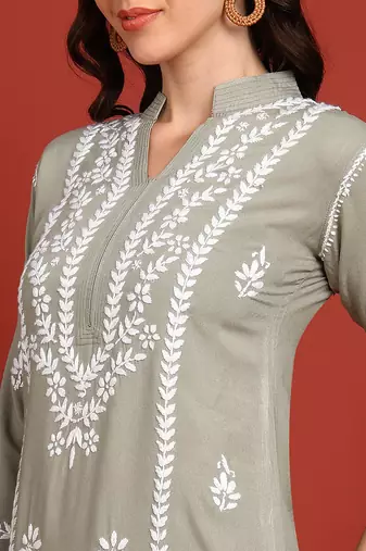 Women olive ethnic motifs chikankari embroidered regular rayon cotton liva kurta with trousers