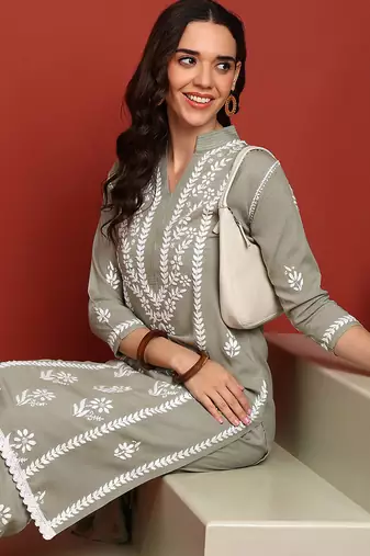 Women olive ethnic motifs chikankari embroidered regular rayon cotton liva kurta with trousers