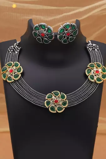 Green color dual tone oxidised necklace set