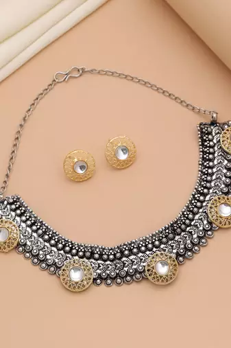 White color dual tone oxidised necklace set