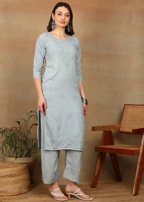 Women grey ethnic motifs embroidered chikankari liva rayon a-line kurta & palazzo set 1